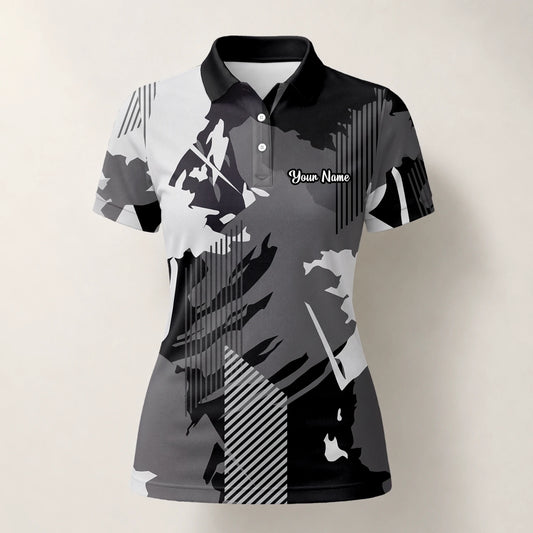 Personalised Grey Black Abstract Brush Stripe Golf Polo Shirt For Women I7293