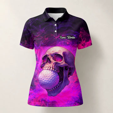 Personalised Purple Pink Skull Golf Ball Smoke Golf Polo Shirt For Women L7637
