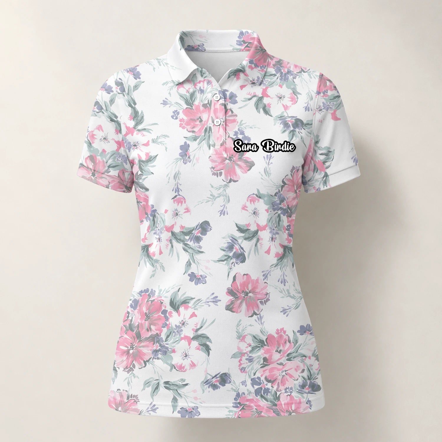Personalised White Pink Floral Leaf Golf Polo Shirt For Women H5152