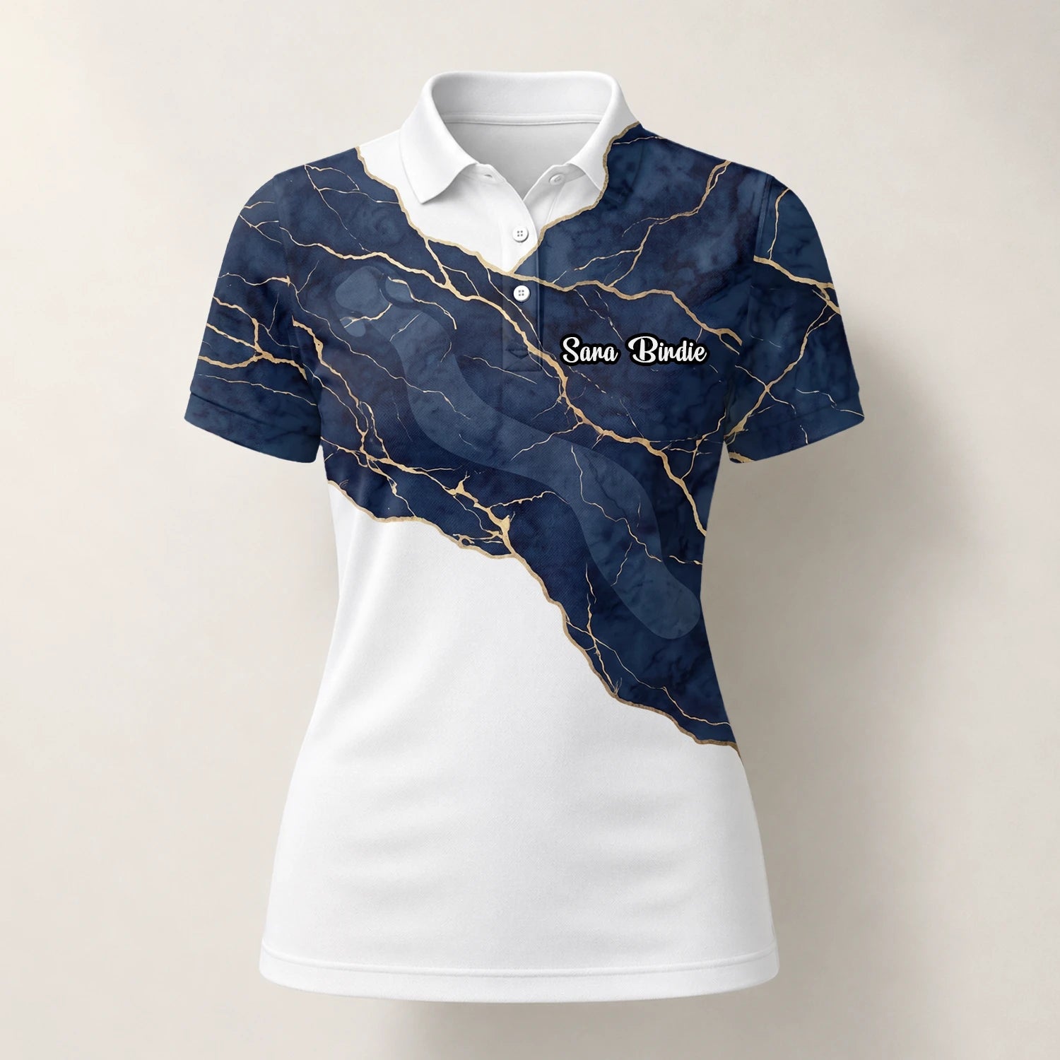 Personalised White Navy Marble Gold Vein Golf Polo Shirt For Women B4939