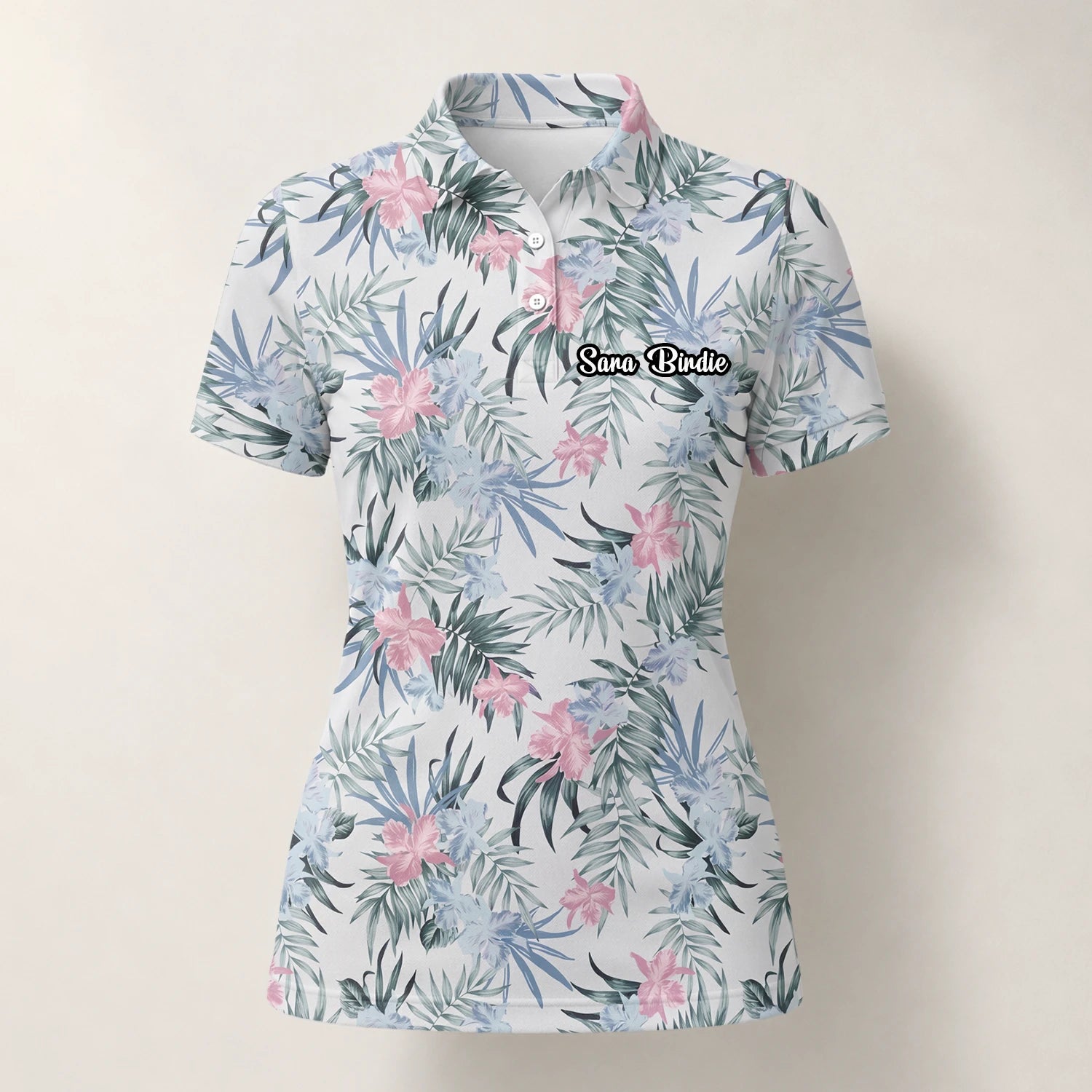 Personalised White Pink Tropical Floral Leaf Golf Polo Shirt For Women C1037