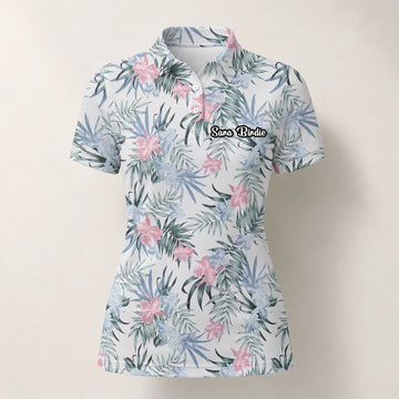 Personalised White Pink Tropical Floral Leaf Golf Polo Shirt For Women C1037