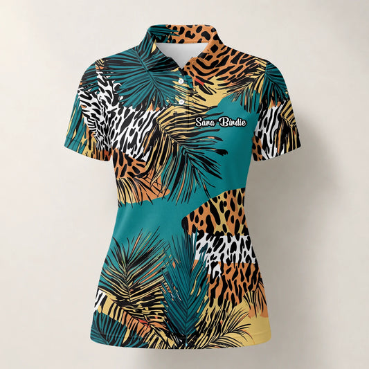 Personalised Teal Orange Tropical Palm Animal Print Golf Polo Shirt For Women A7122
