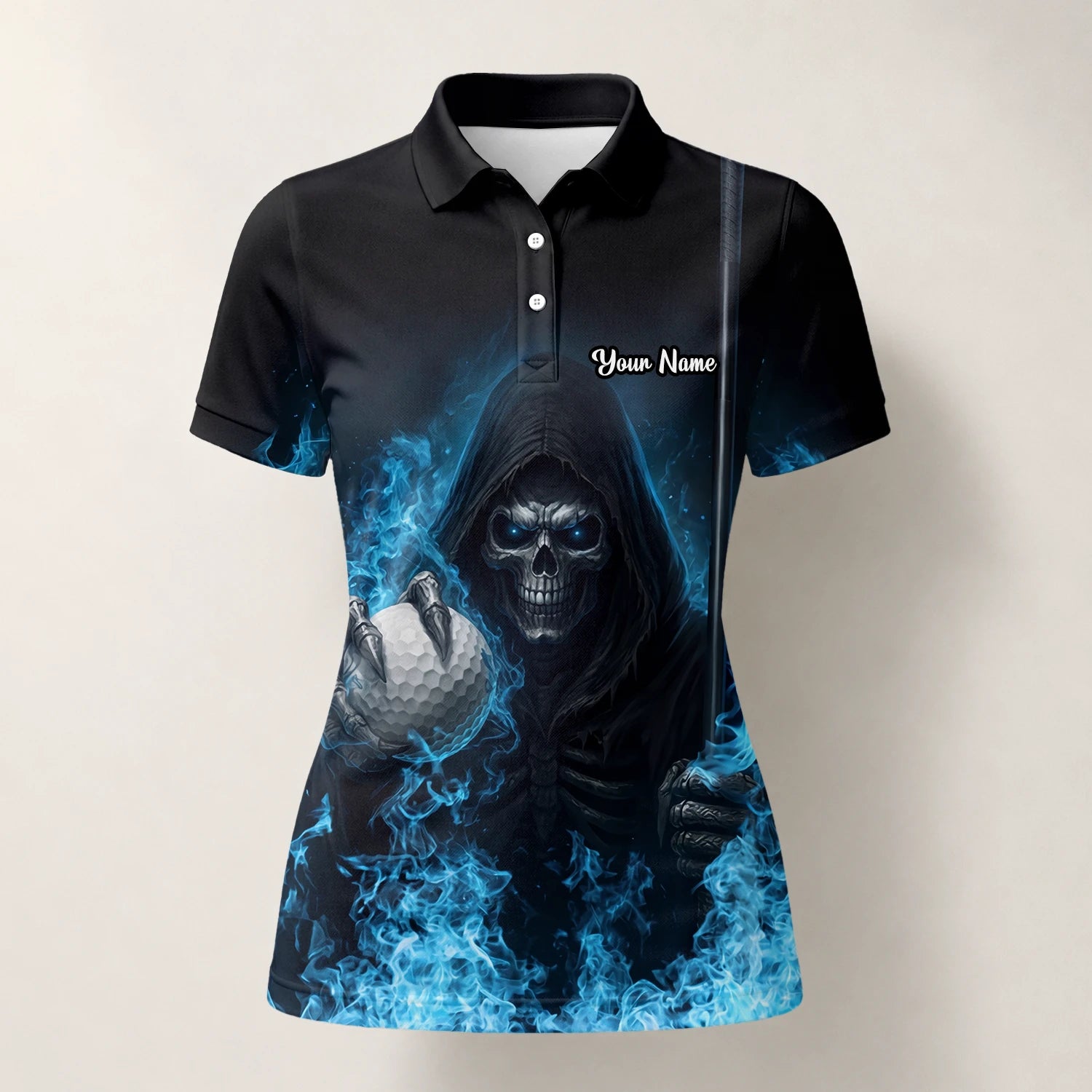 Personalised Black Blue Skull Golf Ball Lightning Golf Polo Shirt For Women N0793