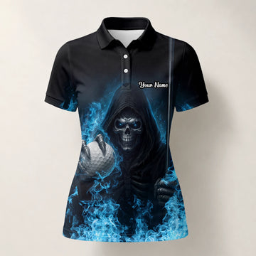 Personalised Black Blue Skull Golf Ball Lightning Golf Polo Shirt For Women N0793
