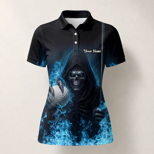 Personalised Black Blue Skull Golf Ball Lightning Golf Polo Shirt For Women N0793