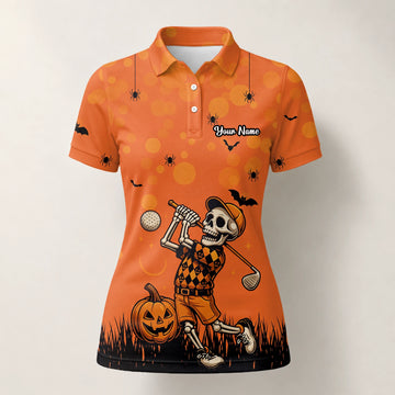 Personalised Orange Halloween Skeleton Golfer Golf Polo Shirt For Women D3851
