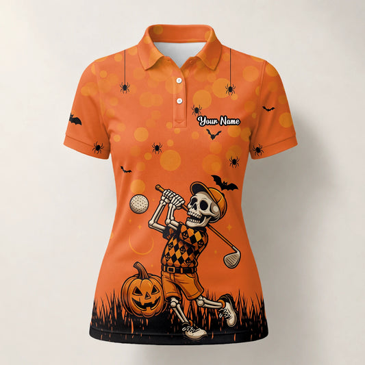 Personalised Orange Halloween Skeleton Golfer Golf Polo Shirt For Women D3851