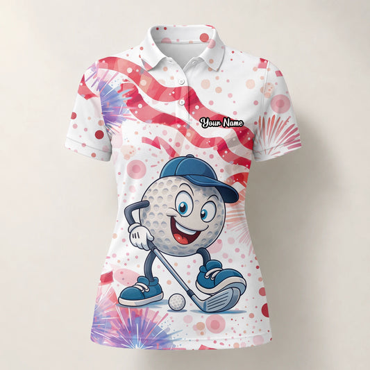 Personalised White Pink Golf Ball Cartoon Firework Golf Polo Shirt For Women C2083