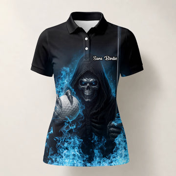 Personalised Black Blue Skull Golf Ball Lightning Golf Polo Shirt For Women N0793