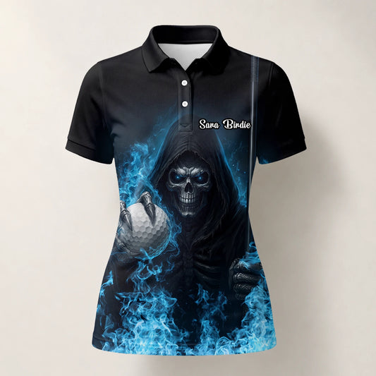 Personalised Black Blue Skull Golf Ball Lightning Golf Polo Shirt For Women N0793