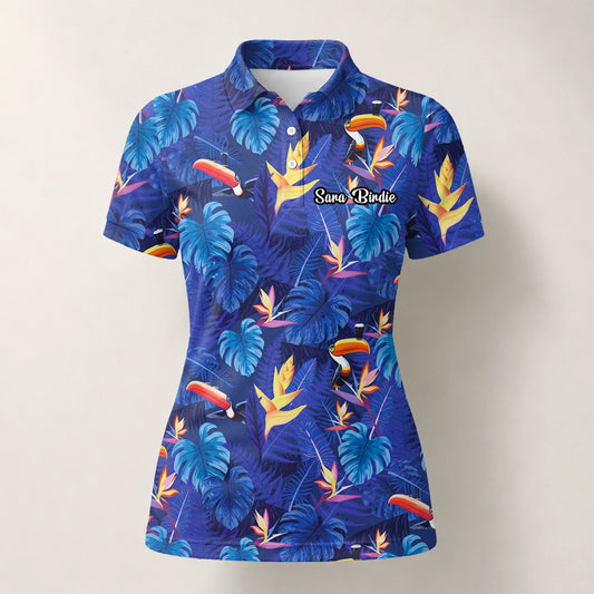 Personalised Navy Blue Tropical Toucan Leaf Golf Polo Shirt For Women S1836