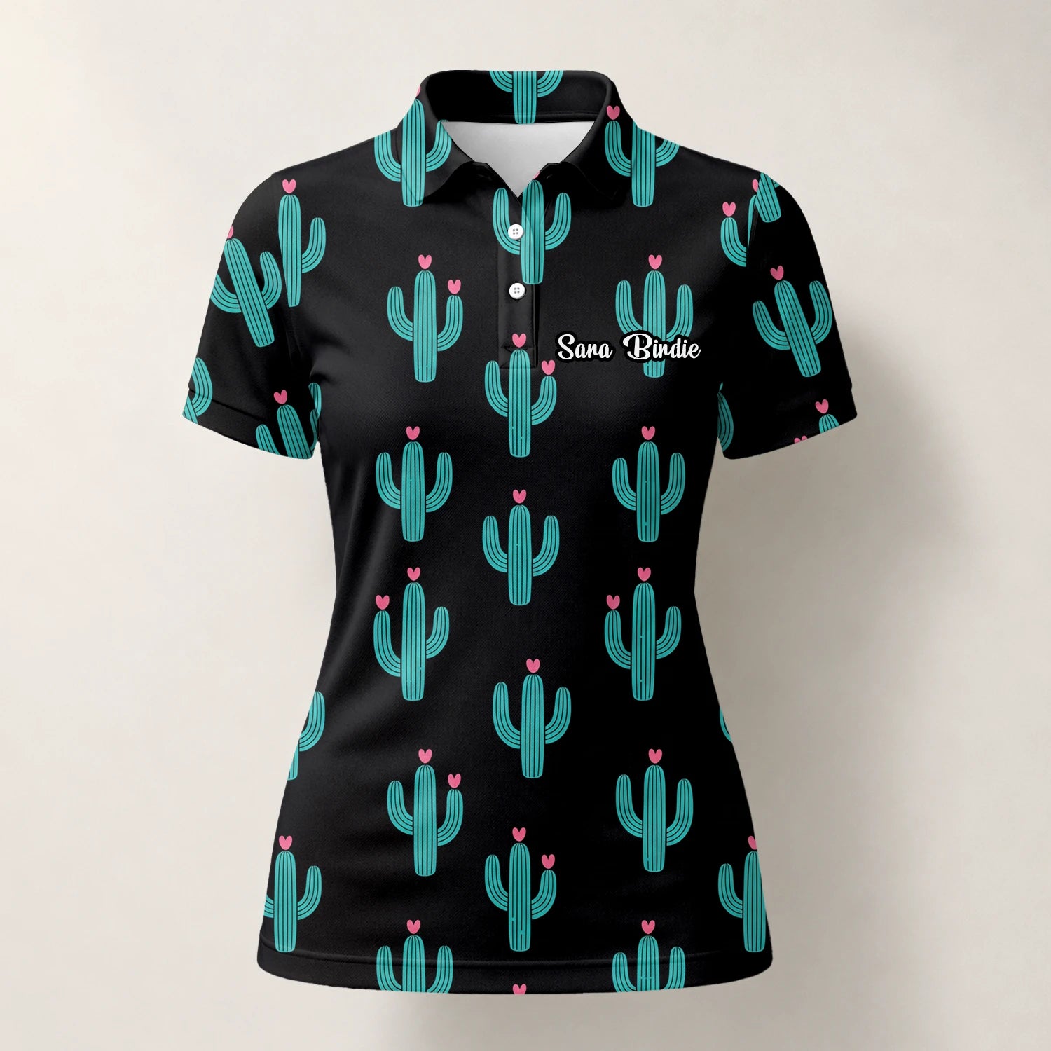 Personalised Black Turquoise Cactus Heart Golf Polo Shirt For Women L0709