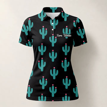 Personalised Black Turquoise Cactus Heart Golf Polo Shirt For Women L0709