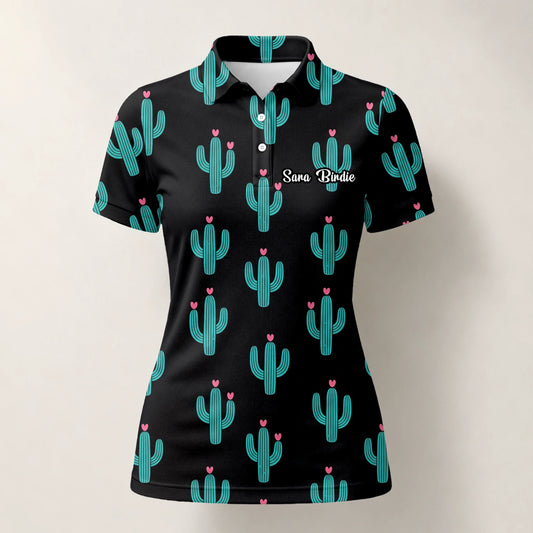 Personalised Black Turquoise Cactus Heart Golf Polo Shirt For Women L0709