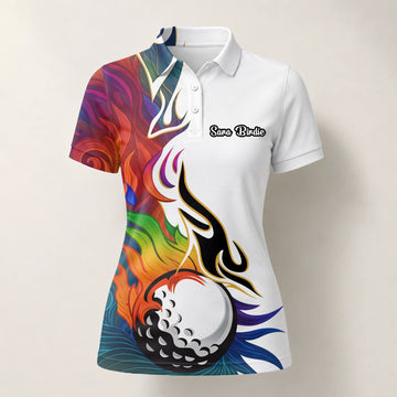 Personalised White Rainbow Flame Golf Ball Golf Polo Shirt For Women P6012