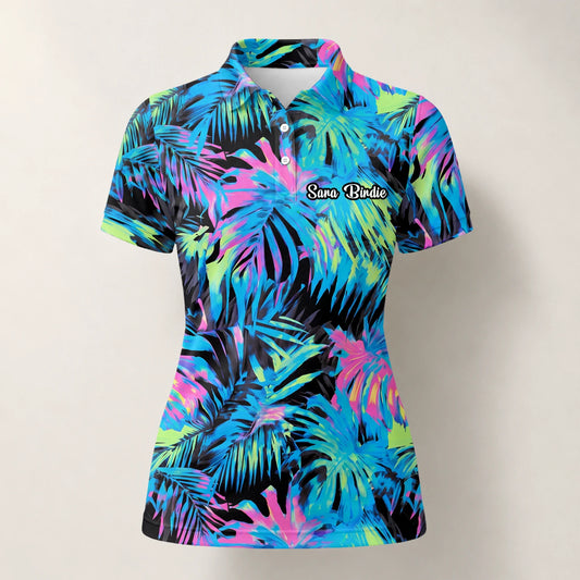 Personalised Black Neon Tropical Leaf Golf Polo Shirt For Women D2207