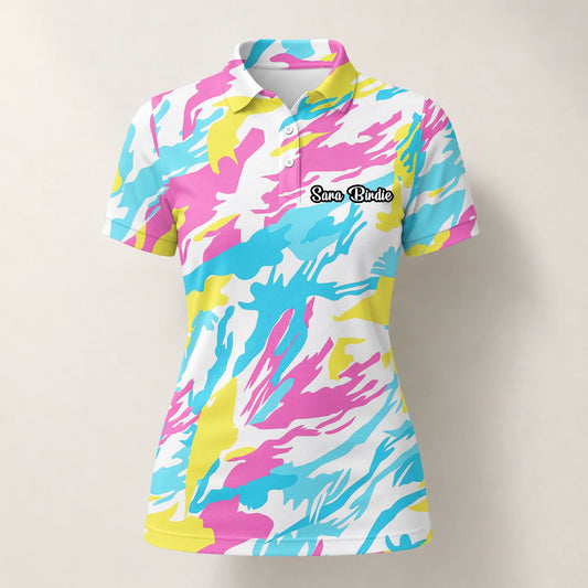 Personalised Pastel Rainbow Camo Golf Polo Shirt For Women F0280