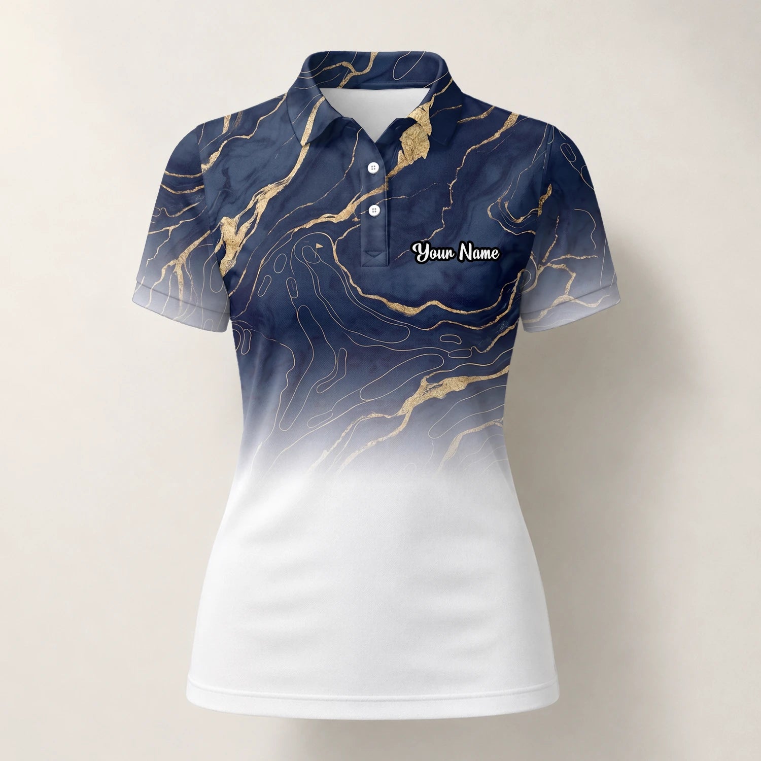 Personalised Navy White Marble Gold Vein Golf Polo Shirt For Women U5613