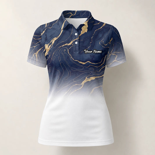 Personalised Navy White Marble Gold Vein Golf Polo Shirt For Women U5613