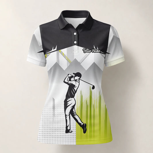 Personalised Black Grey Lime Golfer Silhouette Golf Polo Shirt For Women F4552