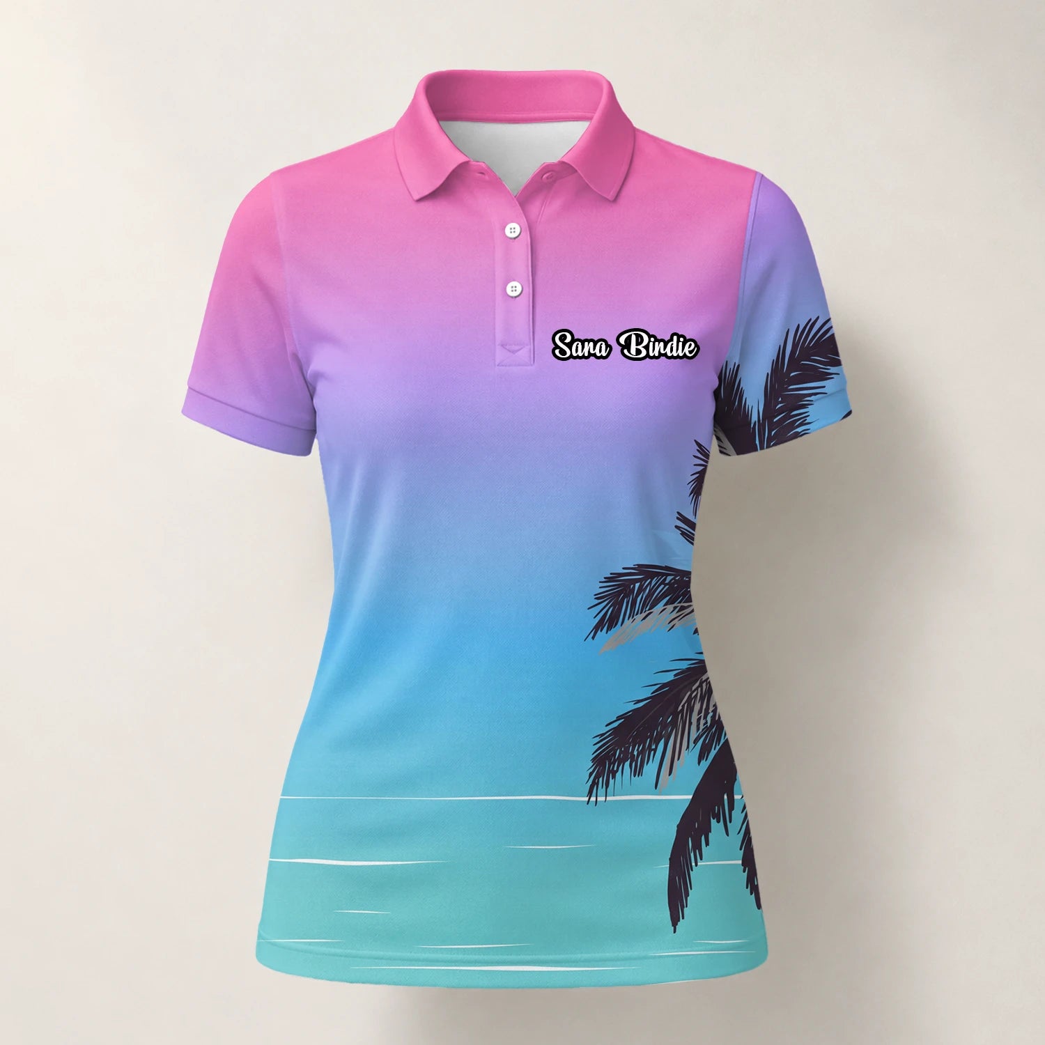 Personalised Pink Blue Palm Beach Sunset Golf Polo Shirt For Women Q3519