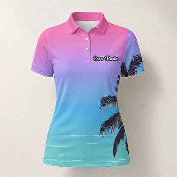 Personalised Pink Blue Palm Beach Sunset Golf Polo Shirt For Women Q3519