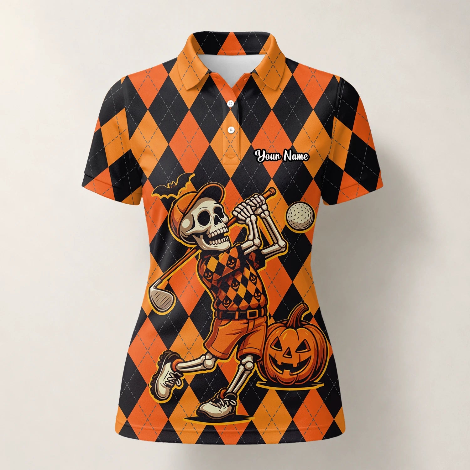 Personalised Orange Black Halloween Skeleton Golfer Argyle Golf Polo Shirt For Women I4585
