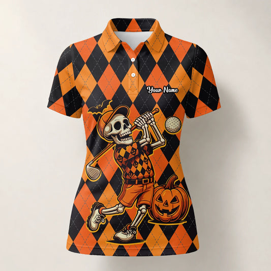 Personalised Orange Black Halloween Skeleton Golfer Argyle Golf Polo Shirt For Women I4585