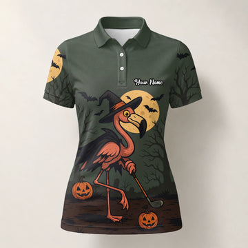 Personalised Olive Halloween Flamingo Witch Golfer Pumpkin Golf Polo Shirt For Women X5811