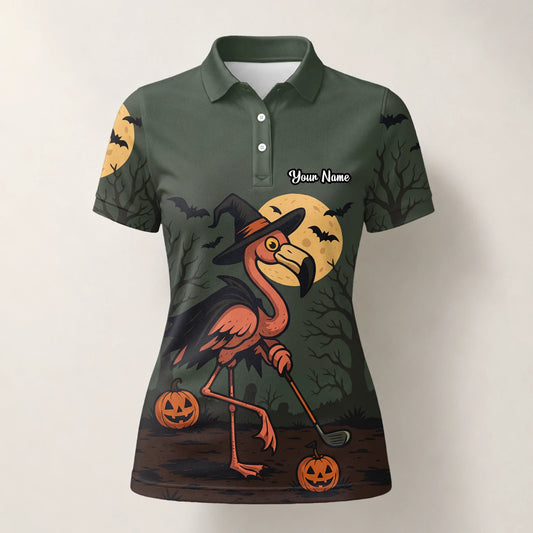 Personalised Olive Halloween Flamingo Witch Golfer Pumpkin Golf Polo Shirt For Women X5811
