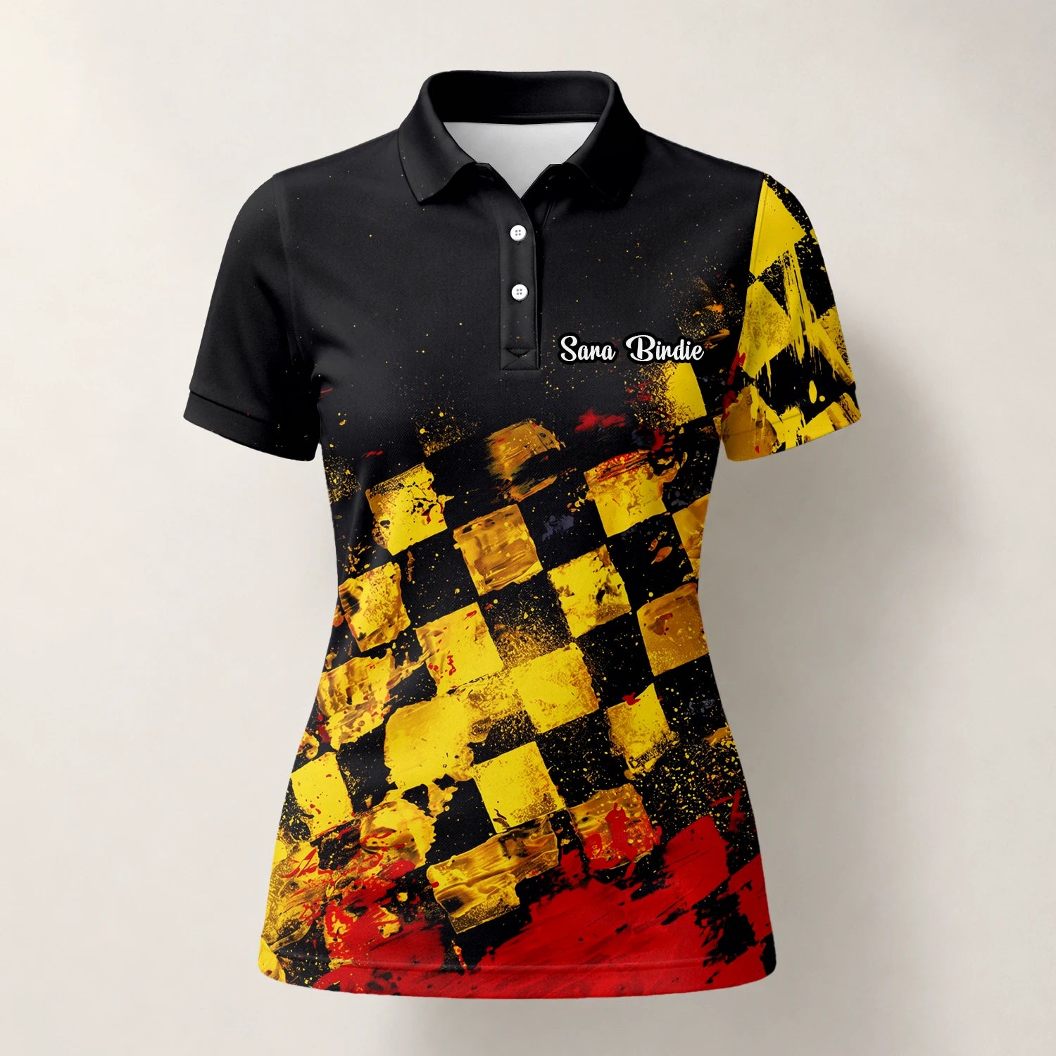 Personalised Black Yellow Red Grunge Checkerboard Golf Polo Shirt For Women R0396