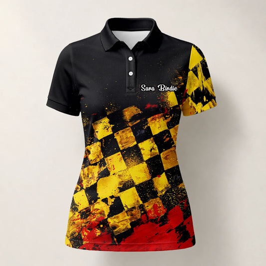 Personalised Black Yellow Red Grunge Checkerboard Golf Polo Shirt For Women R0396