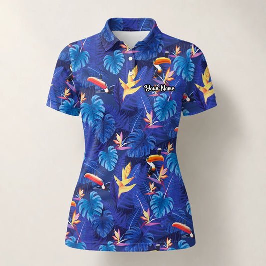 Personalised Navy Blue Tropical Toucan Leaf Golf Polo Shirt For Women S1836