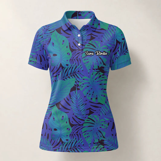 Personalised Blue Purple Tropical Monstera Leaf Golf Polo Shirt For Women G3142