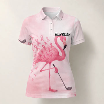 Personalised Pink Flamingo Golfer Breast Cancer Ribbon Golf Polo Shirt For Women R9354