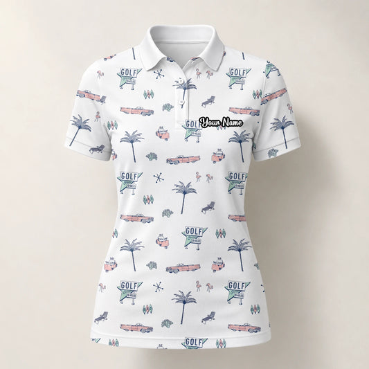 Personalised White Golf Holiday Doodle Golf Polo Shirt For Women Z8344