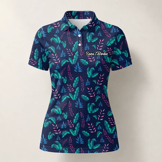 Personalised Navy Teal Tropical Leaf Golf Polo Shirt For Women S8145