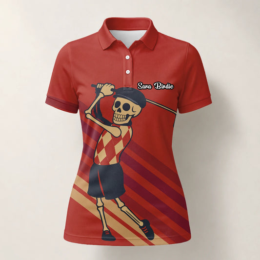 Personalised Red Skeleton Golfer Cartoon Golf Polo Shirt For Women F3648