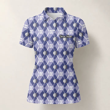 Personalised Blue Argyle Golf Ball Club Golf Polo Shirt For Women F3847