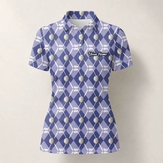Personalised Blue Argyle Golf Ball Club Golf Polo Shirt For Women F3847