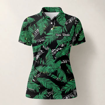 Personalised Black Green Tropical Banana Leaf Golf Polo Shirt For Women K8023