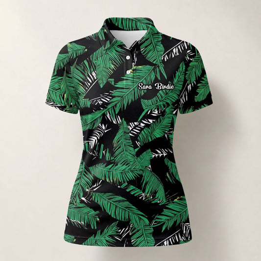 Personalised Black Green Tropical Banana Leaf Golf Polo Shirt For Women K8023