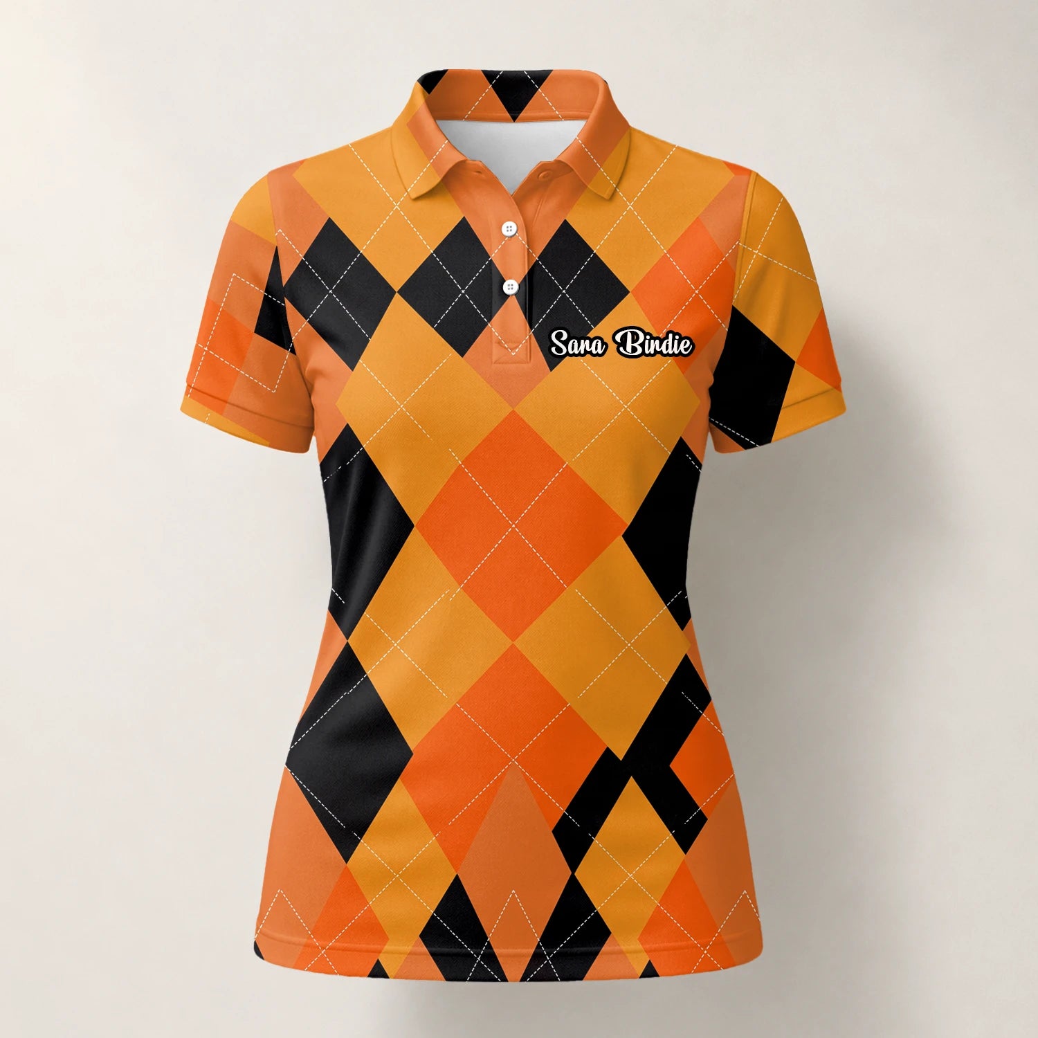 Personalised Orange Black Argyle Diamond Golf Polo Shirt For Women C4203