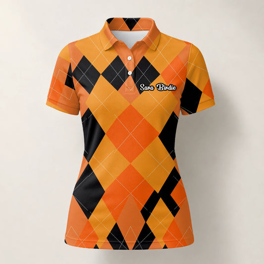 Personalised Orange Black Argyle Diamond Golf Polo Shirt For Women C4203