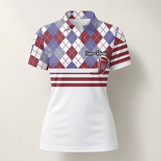 Personalised White Burgundy Argyle Golf Club Stripe Golf Polo Shirt For Women K9019