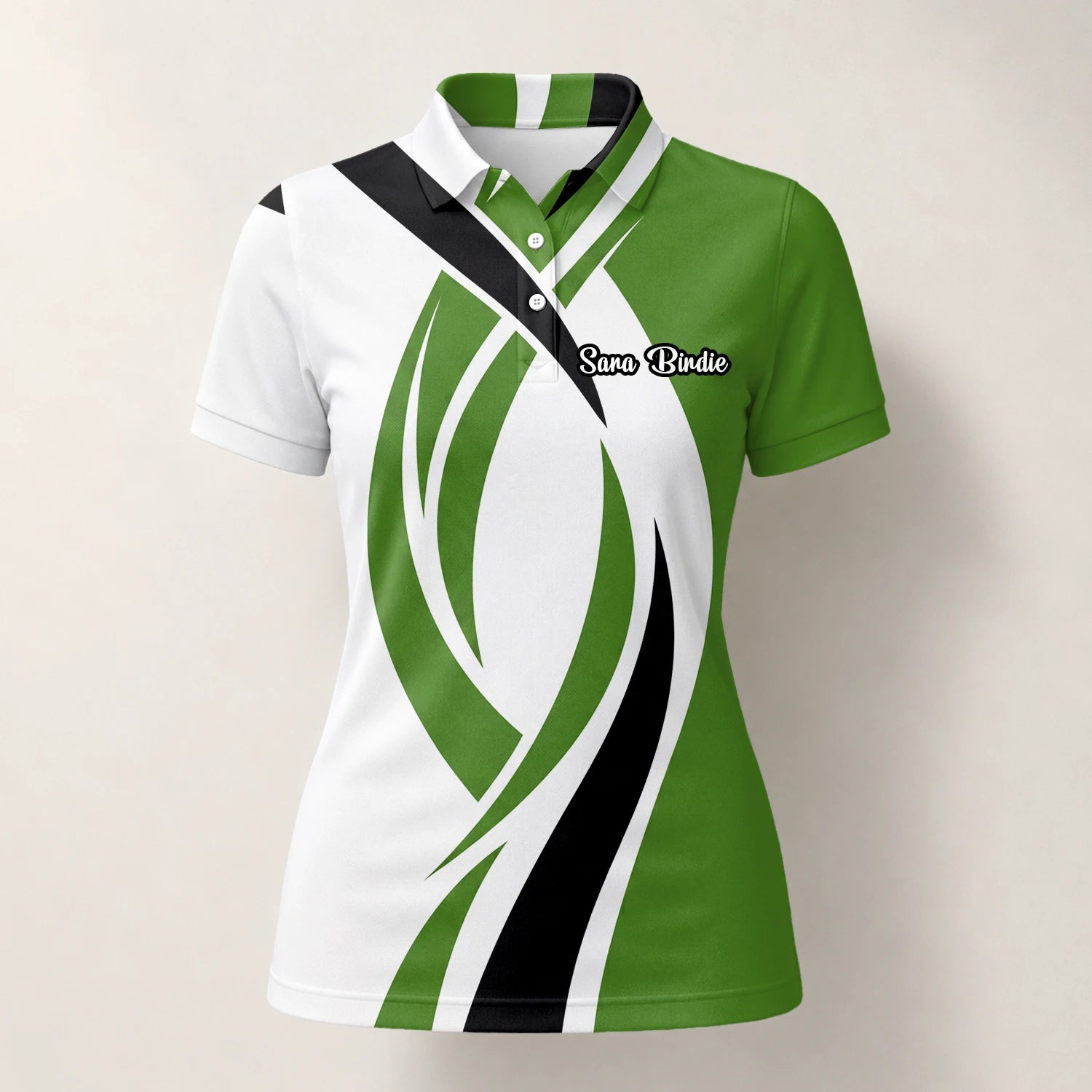 Personalised White Green Black Abstract Wave Golf Polo Shirt For Women P7352