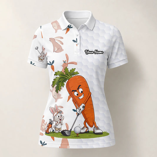 Personalised White Carrot Bunny Golfer Cartoon Golf Polo Shirt For Women Y6359