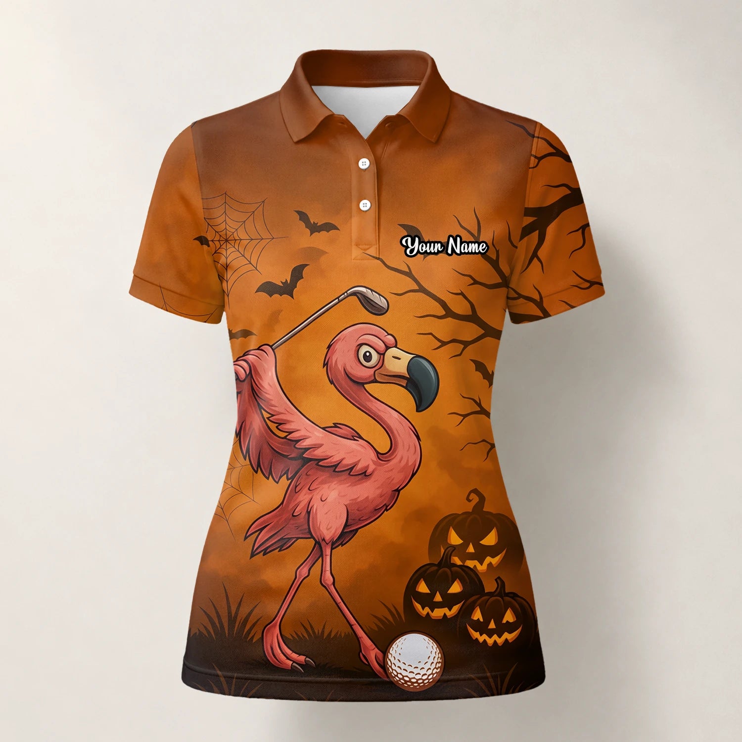 Personalised Orange Halloween Flamingo Golfer Pumpkin Golf Polo Shirt For Women V7072