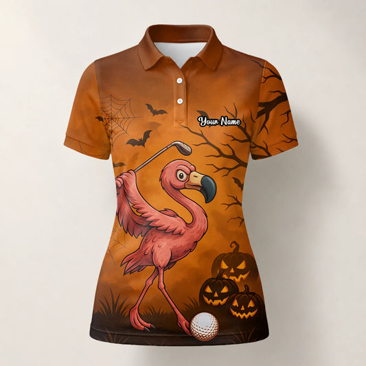 Personalised Orange Halloween Flamingo Golfer Pumpkin Golf Polo Shirt For Women V7072